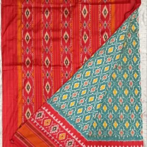 Sky and red double ikkat pattu silk saree with blouse