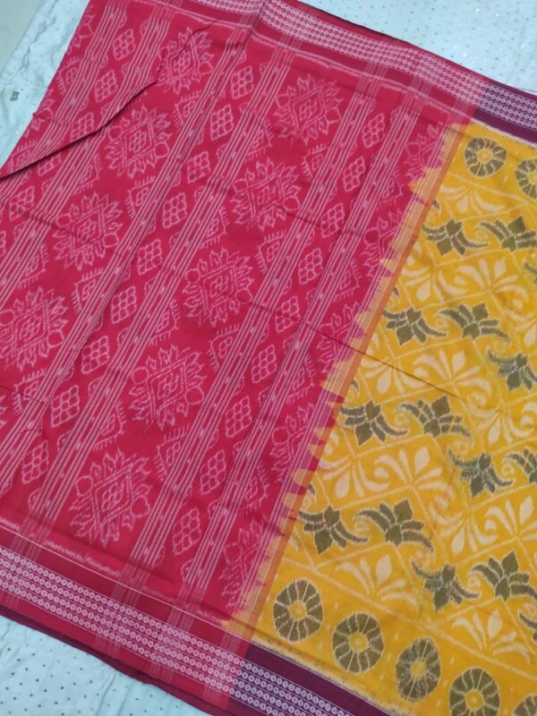 Yellow and red sambalpuri cotton saree with blouse - Image 3