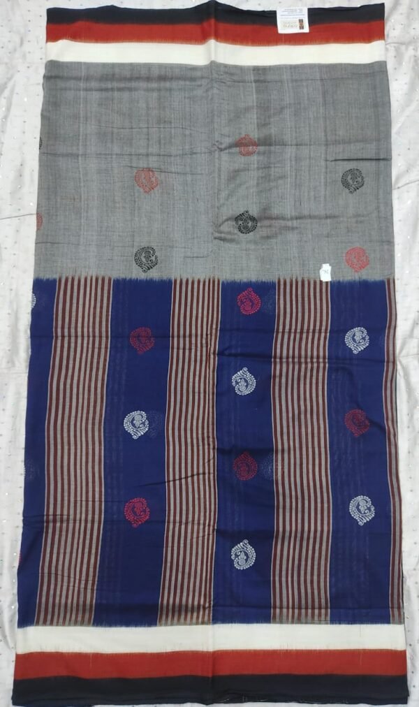 Gray and blue bomkai sambalpuri cotton saree - Image 2