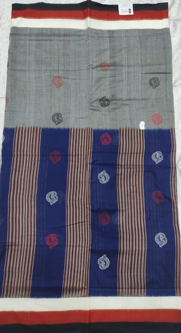 Gray and blue bomkai sambalpuri cotton saree