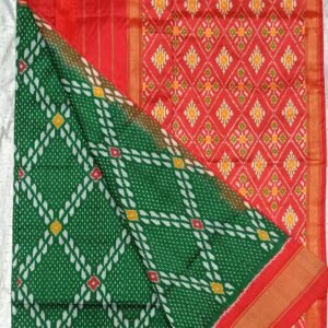 Green and red double ikkat pattu silk saree with zari border and anchal
