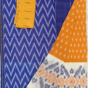 Yellow ikkat mercerised cotton saree with blue border