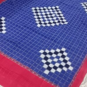 Blue and red sambalpuri saptapar double bedsheet with pillow cover