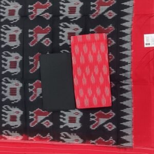 Red and black double ikkat cotton dress material