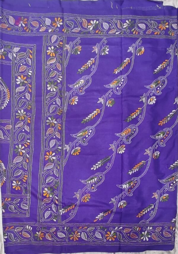 Deep blue Bangalore silk kantha stitch saree with blouse - Image 3