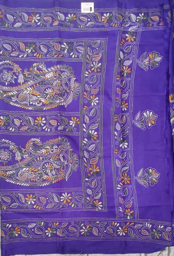 Deep blue Bangalore silk kantha stitch saree with blouse
