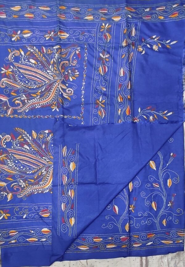 Blue Bangalore silk kantha stitch saree with blouse