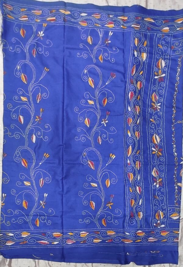 Blue Bangalore silk kantha stitch saree with blouse - Image 2