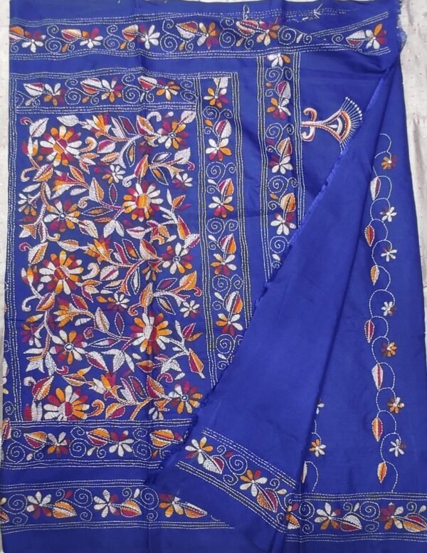 Blue Bangalore silk kantha stitch saree with blouse - Image 2