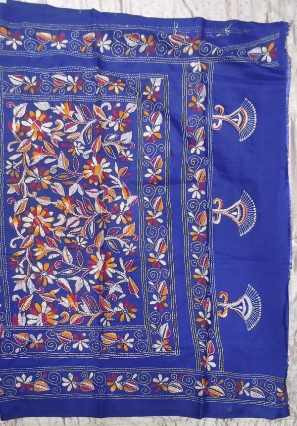 Blue Bangalore silk kantha stitch saree with blouse