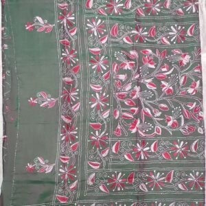 Green Bangalore silk kantha stitch saree with blouse