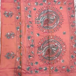 Peach Bangalore silk kantha stitch saree with blouse
