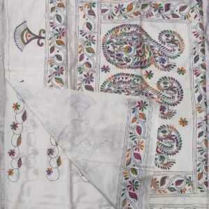 White Bangalore silk kantha stitch saree with blouse