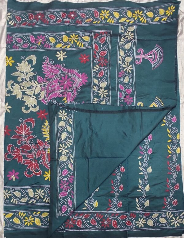 Deep green Bangalore silk kantha stitch saree with blouse