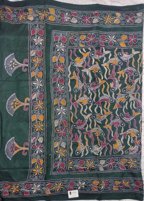 Deep green Bangalore silk kantha stitch saree with blouse