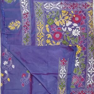 Blue Bangalore silk kantha stitch saree with blouse