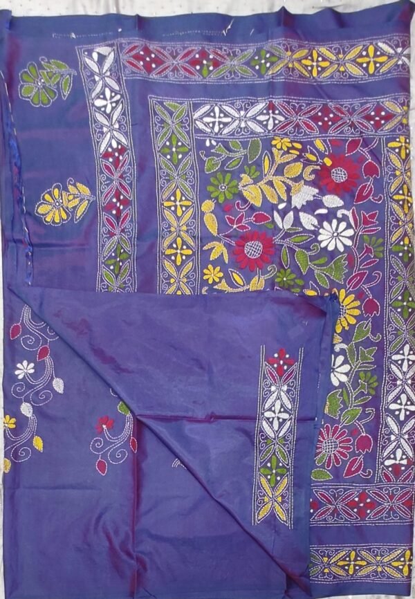 Blue Bangalore silk kantha stitch saree with blouse