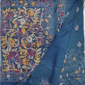Deep sky Bangalore silk kantha stitch saree with blouse
