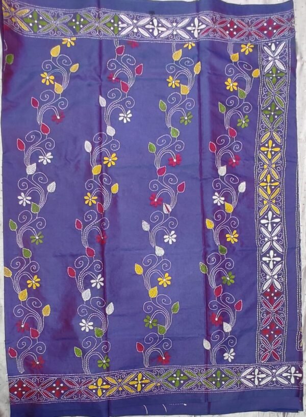 Blue Bangalore silk kantha stitch saree with blouse - Image 2