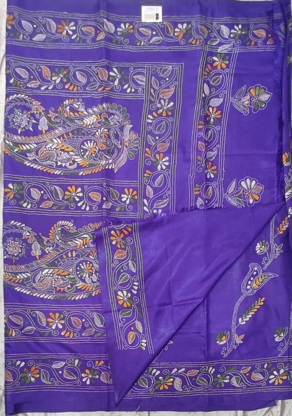 Deep blue Bangalore silk kantha stitch saree with blouse - Image 2