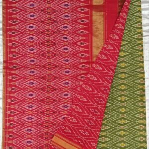 Gas mercerised ikkat designs green and red cotton saree with blouse