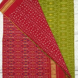 Gas mercerised ikkat designs green and red cotton saree with blouse