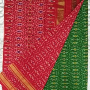 Gas mercerised ikkat designs green and red cotton saree with blouse