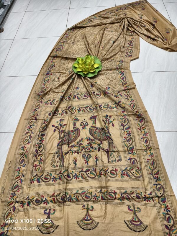 Brown Bangalore silk kantha stitch saree with blouse