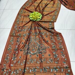 Brown Bangalore silk kantha stitch saree with blouse