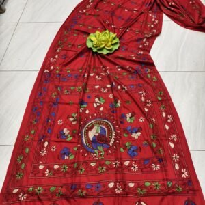 Red Bangalore silk kantha stitch saree with blouse