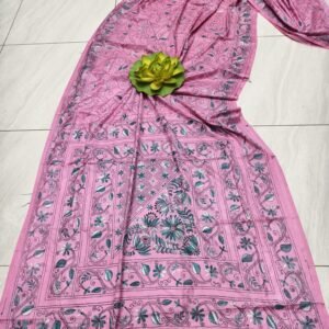 Pink Bangalore silk kantha stitch saree with blouse