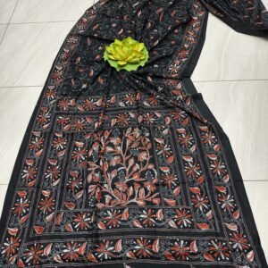 Black Bangalore silk kantha stitch saree with blouse