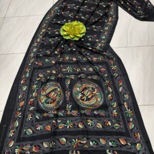 Black Bangalore silk kantha stitch saree with blouse