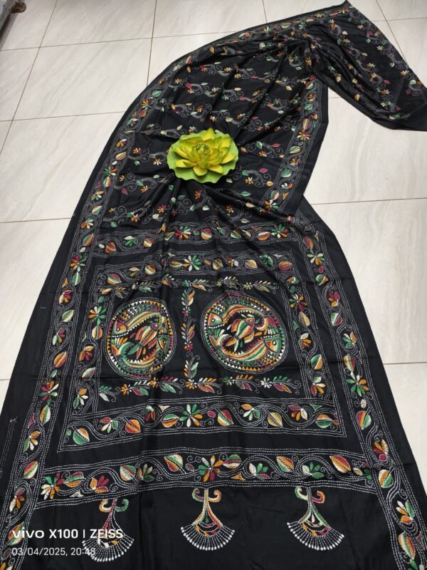 Black Bangalore silk kantha stitch saree with blouse