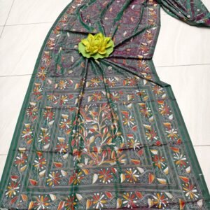 Green Bangalore silk kantha stitch saree with blouse