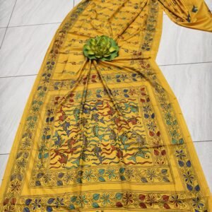 Yellow Bangalore silk kantha stitch saree with blouse