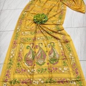 Yellow Bangalore silk kantha stitch saree with blouse