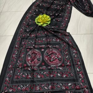Black Bangalore silk kantha stitch saree with blouse