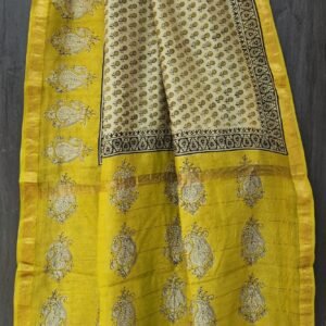 Brown and yellow flower pattern maheswari silk saree with zari border