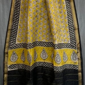 Yellow and black flower pattern maheswari silk saree with zari border