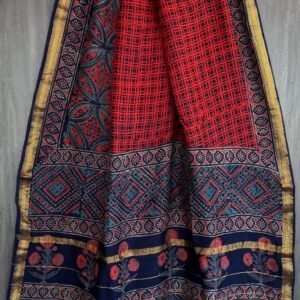 Red and blue check pattern maheswari silk saree with zari border