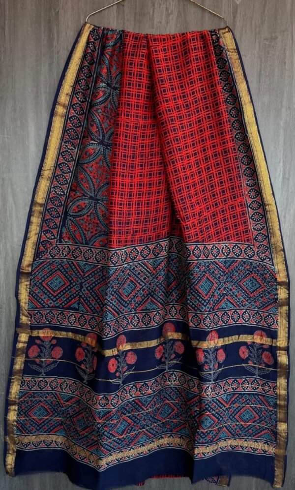 Red and blue check pattern maheswari silk saree with zari border