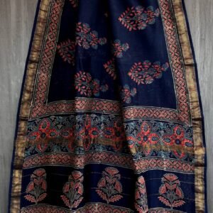 Blue flower pattern maheswari silk saree with zari border