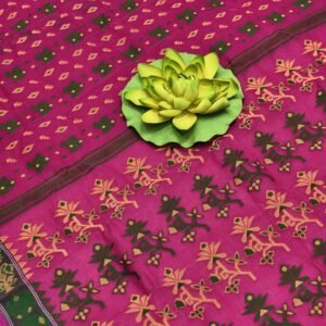 Pink and green flower baluchari pure cotton saree with blouse