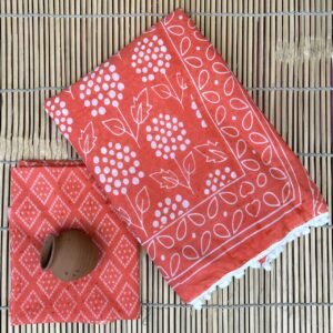 Orange hand block print mulmul cotton saree with blouse