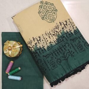Brown and green hand block print mulmul cotton saree with blouse