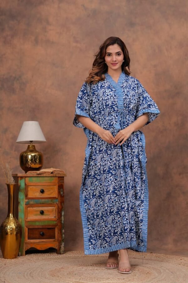White and blue pure cotton long kaftan