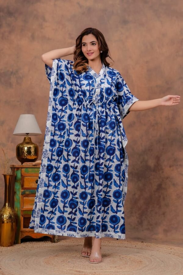 Blue and white pure cotton long kaftan