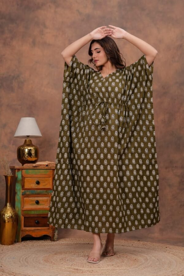 Green pure cotton long kaftan