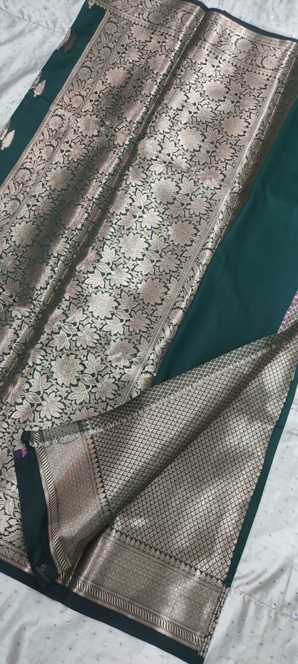 Green leaf pattern banarasi silk saree with zari work - Image 5